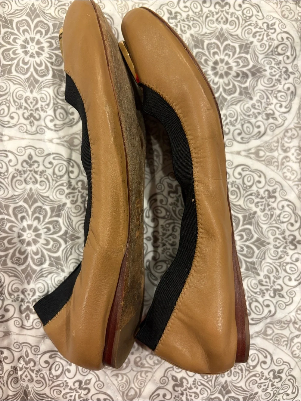 Tory Burch Tan Leather Logo Ballet Flats with Black Trim
